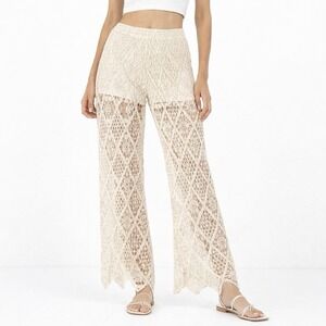 Zara Boho Crochet Sheer Pants Small Festival Wide Leg Hippie Resort Beach Beige